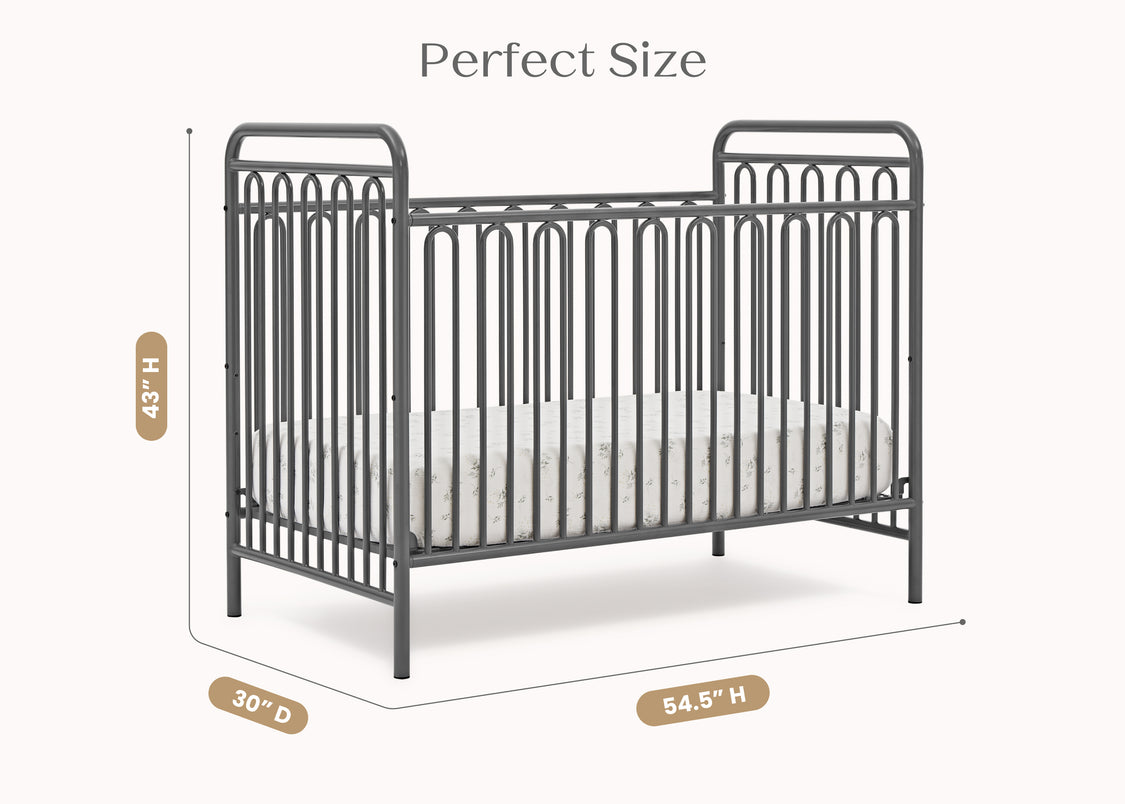 Metallic crib with dimensions labeled on a white background