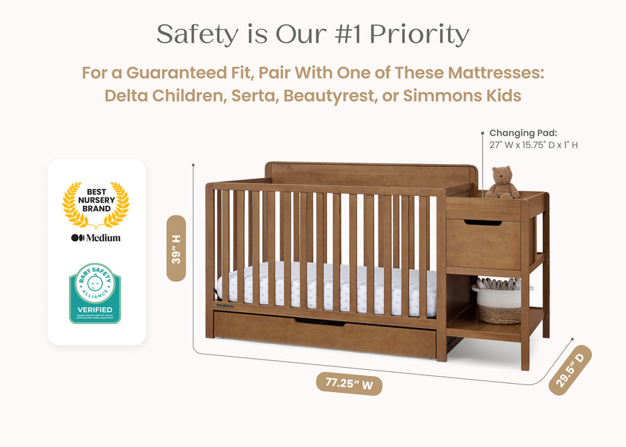 Chestnut (836) 22-Maya 5-in-1 Convertible Crib and Changer with Storage