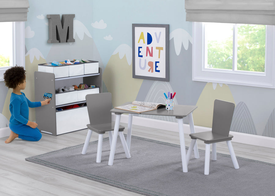 Light Grey and White (1176) 1-4-Piece Toddler Playroom Set – Includes Play Table and 6 Bin Toy Organizer with Reusable Vinyl Cling Stickers (Copy)