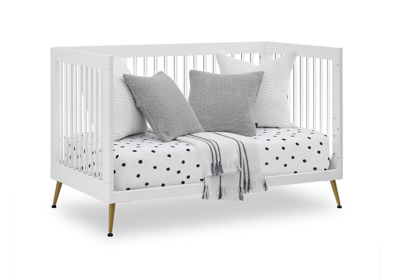 White crib with gray and white bedding on a white background 20-Sloane 4-in-1 Acrylic Convertible Crib