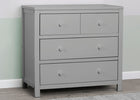 Gray dresser with four drawers on a wooden floor against a light green wall. 9-3 Drawer Dresser with Interlocking Drawers