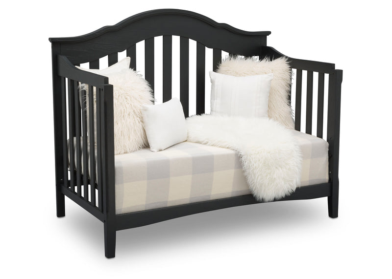 Black crib with white pillows and checkered blanket on a white background 14-Farmhouse 6-in-1 Convertible Baby Crib