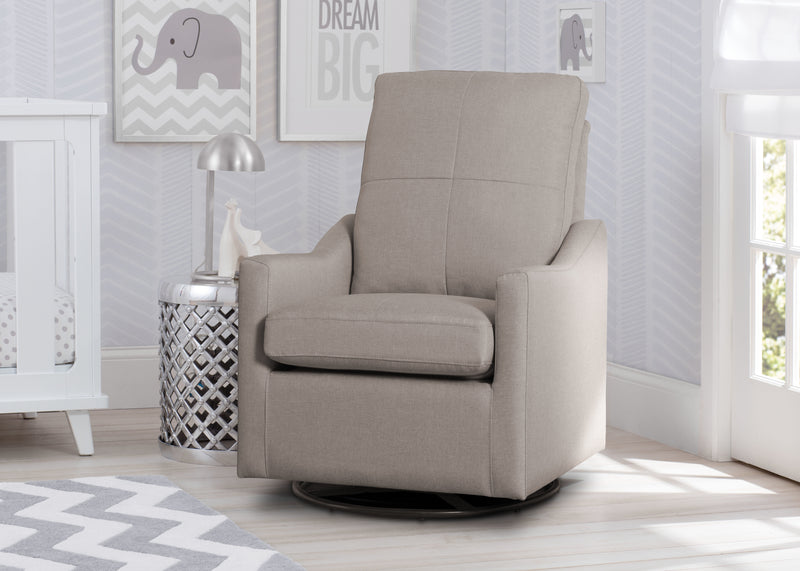 Gray recliner chair in a nursery with baby furniture and decor. 15-Kenwood Nursery Glider Swivel Rocker Chair