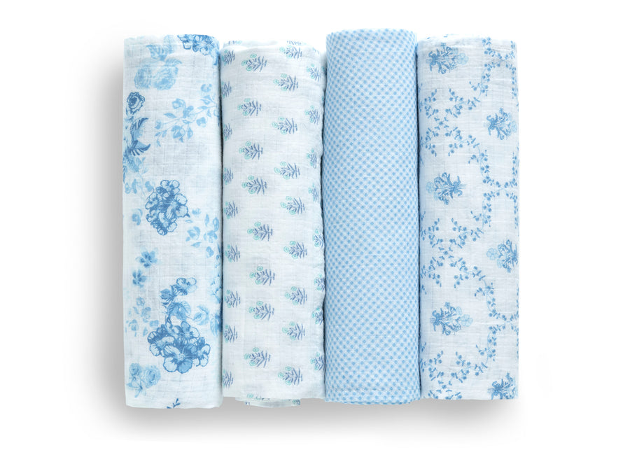 Blue Botanicals (3035) 8-100% Cotton Muslin Baby Receiving Blankets - 4 Pack