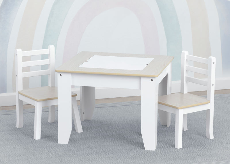 White children's table and chairs with a light wood finish on a gray floor. 7-Chelsea Table and Chair Set