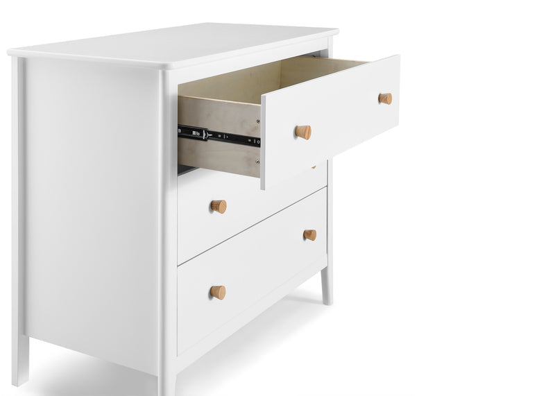White dresser with open drawer on a white background 9-Casey 3 Drawer Dresser with Interlocking Drawers