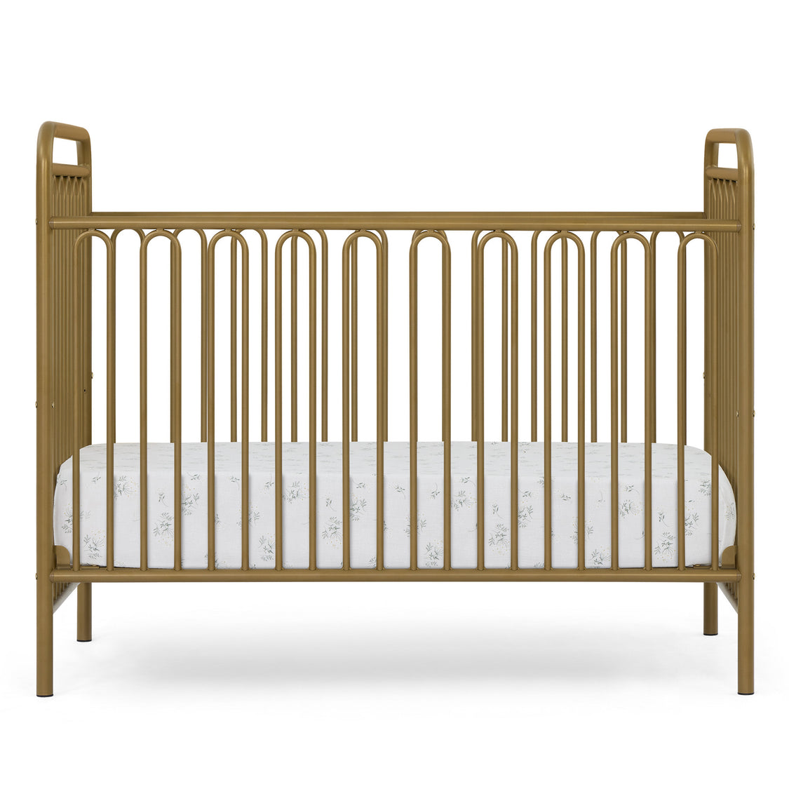 Bronze-colored crib with a white mattress on a white background