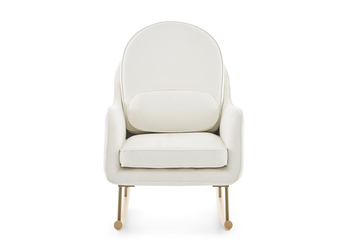 White armchair with gold legs on a white background
