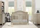 Nursery room with wooden crib, bookshelf, and dresser. 16-Farmhouse 6-in-1 Convertible Baby Crib