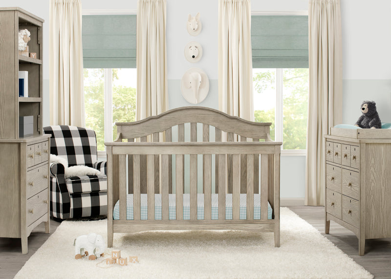 Nursery room with wooden crib, bookshelf, and dresser. 16-Farmhouse 6-in-1 Convertible Baby Crib