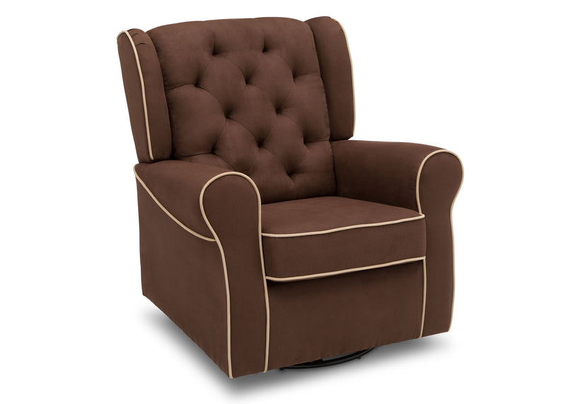 A brown tufted recliner chair with cream-colored piping trim, shown from a three-quarter angle on a white background.