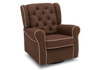A brown tufted recliner chair with cream-colored piping trim, shown from a three-quarter angle on a white background. 13-Emerson Nursery Glider Swivel Rocker Chair