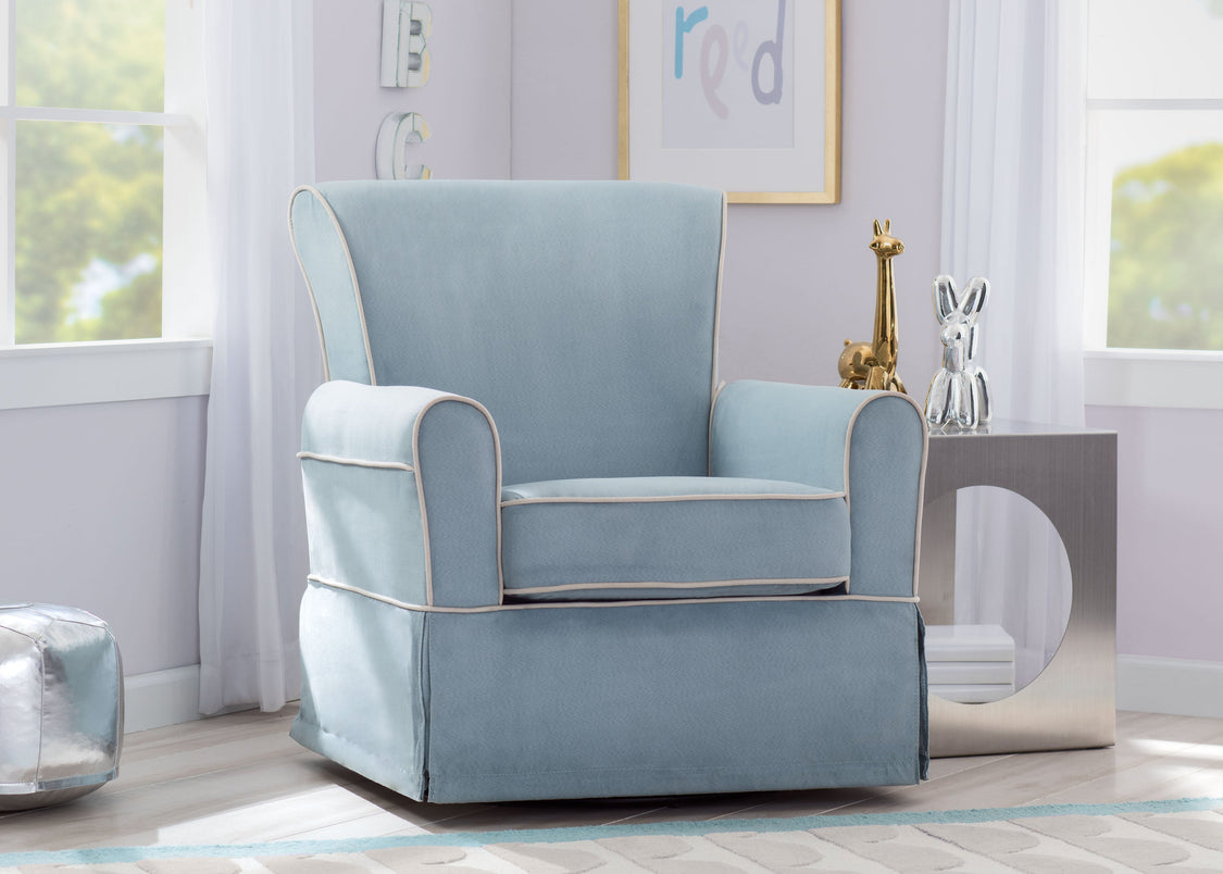 Light blue armchair in a room with decorative elements