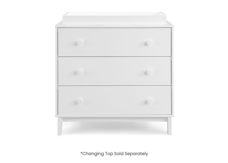 White dresser with three drawers on a white background