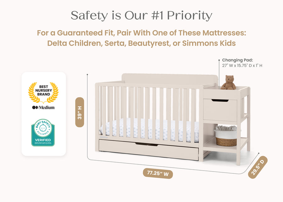 Soft Beige (1560) 7-Maya 5-in-1 Convertible Crib and Changer with Storage