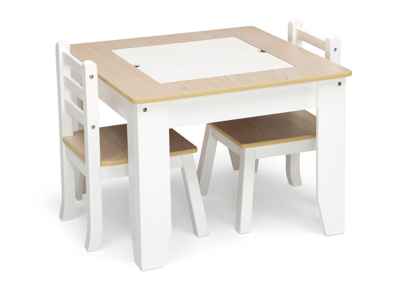 Children's table and chairs set with white base and wooden top and seats on a white background 8-Chelsea Table and Chair Set