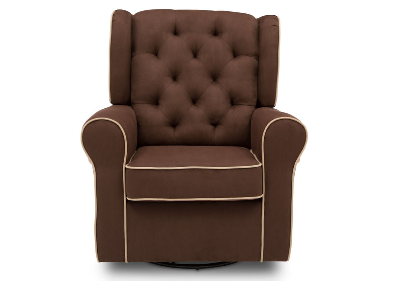 A brown tufted fabric swivel armchair with cream-colored piping trim, shown from a front-facing perspective on a white background. 14-Emerson Nursery Glider Swivel Rocker Chair