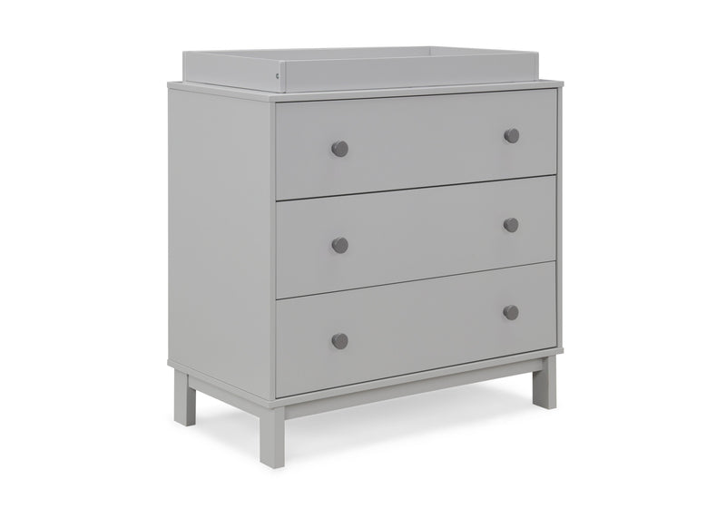 Gray dresser with three drawers on a white background
