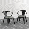 Two black metal chairs with wooden seats against a white wall with geometric patterns. 40-Bistro 2-Piece Chair Set