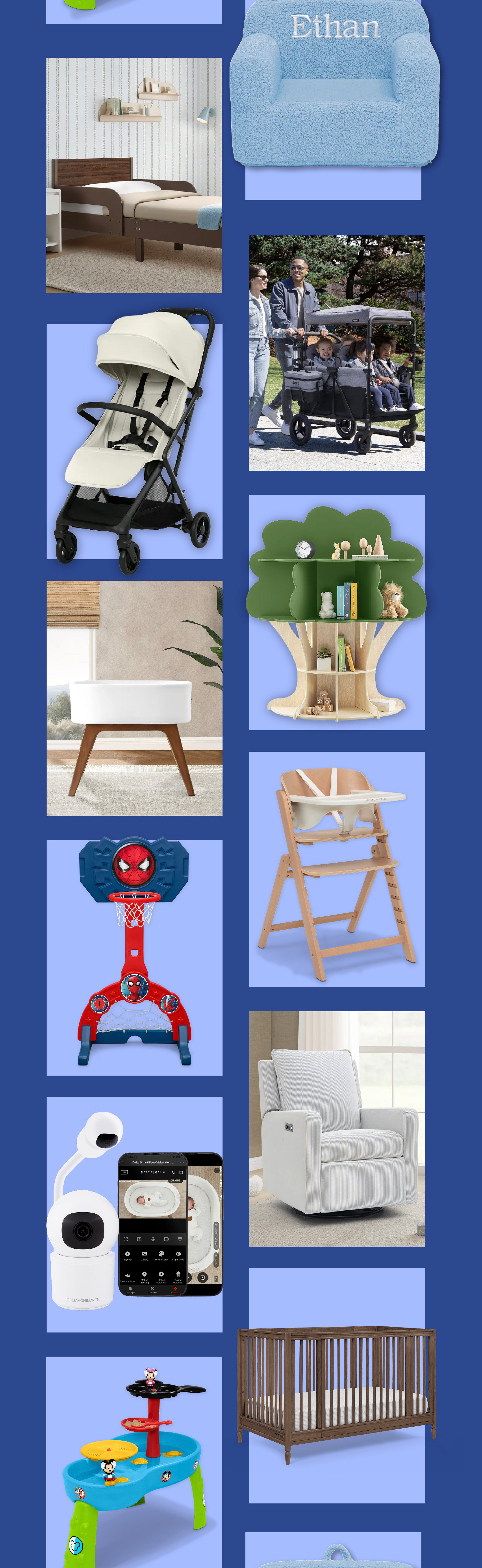 A vertical collage of multiple baby and nursery products on a blue background, including a stroller, crib, high chair, rocking horse, bassinet, and other home items. The layout is a grid-like assortment rather than a single clean product shot.