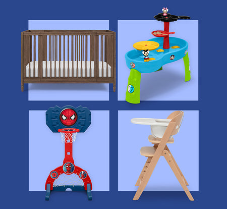 A collage showing four baby and toddler products on a blue background: a wooden crib, a colorful play table, a red Spider-Man-themed activity center, and a wooden high chair.