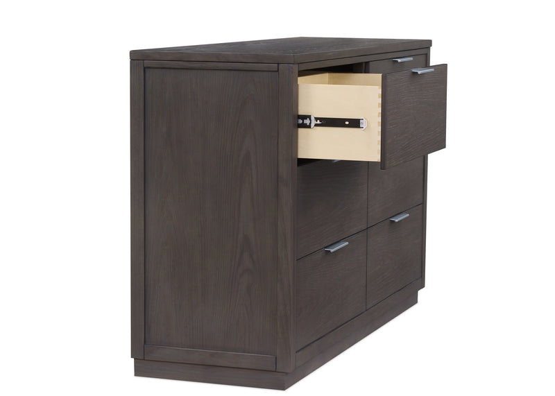 Dark wood file cabinet with a drawer open on a white background
