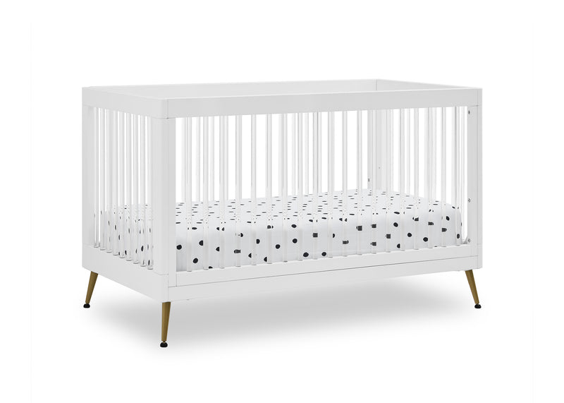 White crib with a polka dot mattress on a white background 24-Sloane 4-in-1 Acrylic Convertible Crib