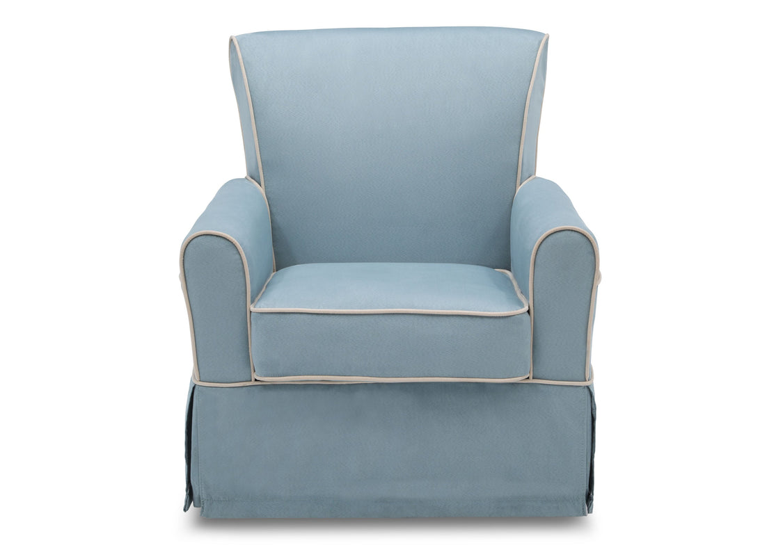 Blue armchair with white piping on a white background