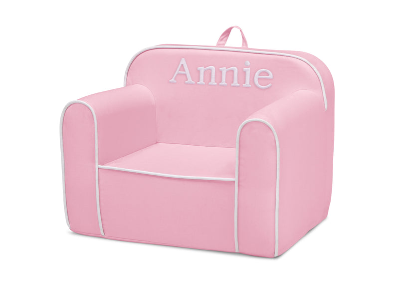 Pink children's chair with 'Annie' printed on it against a white background 7-Personalized Cozee Chair for Kids