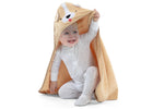 Baby in a gray onesie with a tan hooded blanket featuring a face design on a white background 36-Baby Hooded Bath Towel