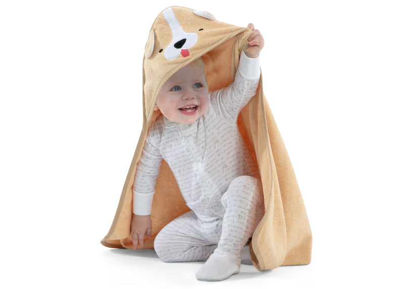 Baby in a gray onesie with a tan hooded blanket featuring a face design on a white background 36-Baby Hooded Bath Towel