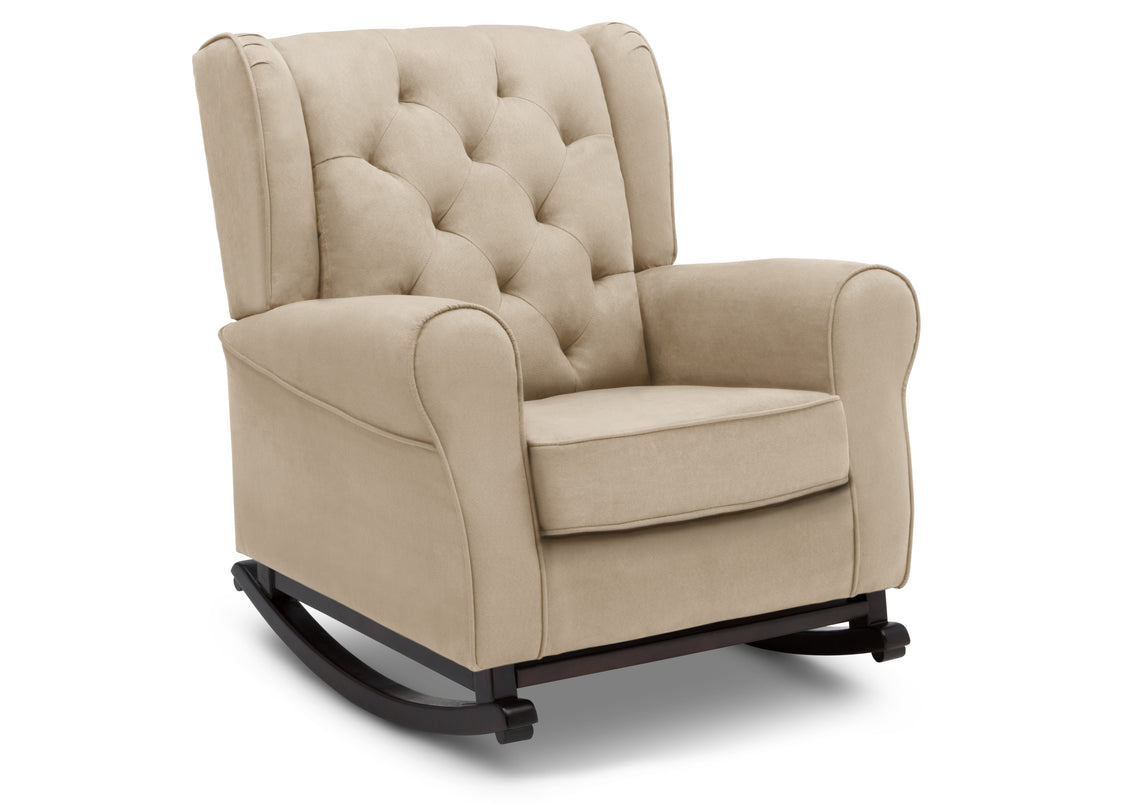 Beige upholstered rocking chair on a white background