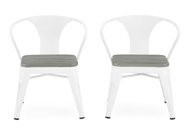 Two white metal chairs with gray cushions on a white background