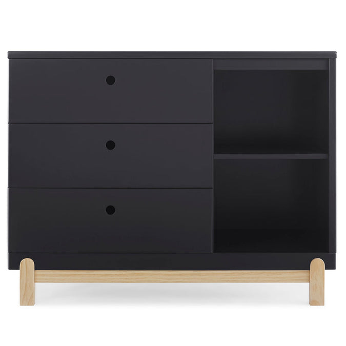 Black dresser with wooden legs on a white background 9-Poppy 3 Drawer Dresser with Cubbies