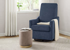 Blue recliner chair with a beige ottoman and blanket in a room with a window and curtains. 9-Andie Nursery Glider Swivel Chair with LiveSmart Fabric