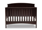 A dark brown wooden convertible crib with vertical slats and a curved headboard, shown with a white mattress inside, isolated on a white background. 23-Archer 4-in-1 Convertible Crib
