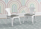 Two white chairs with gray seats in front of a colorful rainbow-patterned wall. 18-Bistro 2-Piece Chair Set