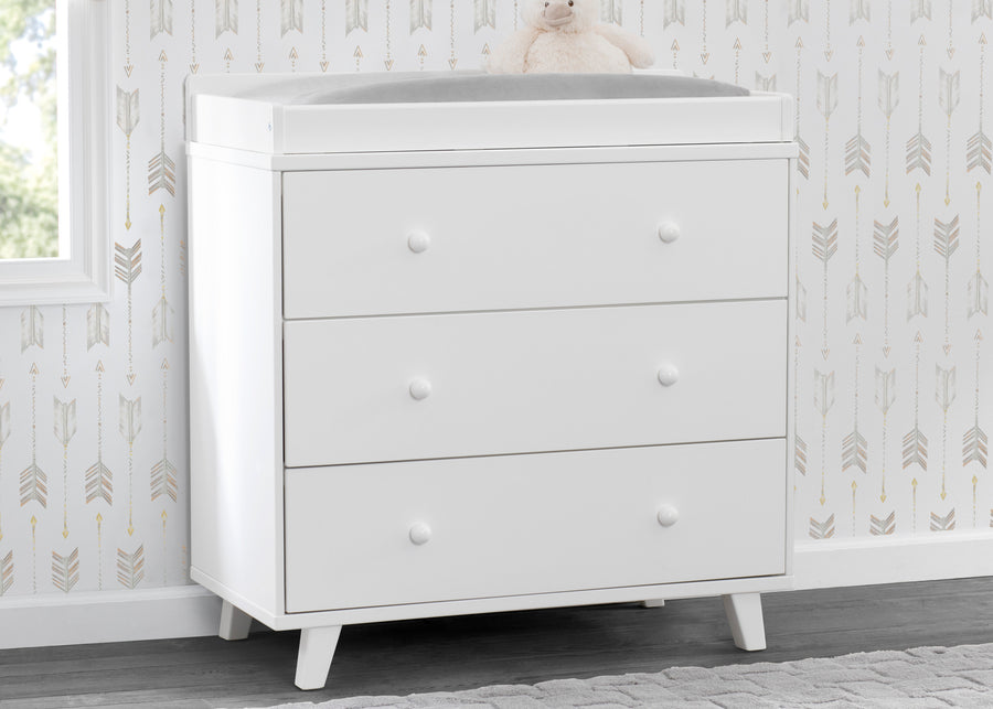 White (100) 1-Ava 3 Drawer Dresser with Changing Top and Interlocking Drawers