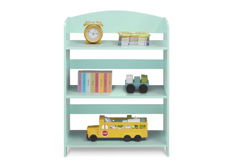A mint green wooden 4-tier toy bookshelf styled with children's items including a yellow alarm clock, books, a toy train, and a yellow school bus, shown against a plain white background. 10-MySize Bookshelf