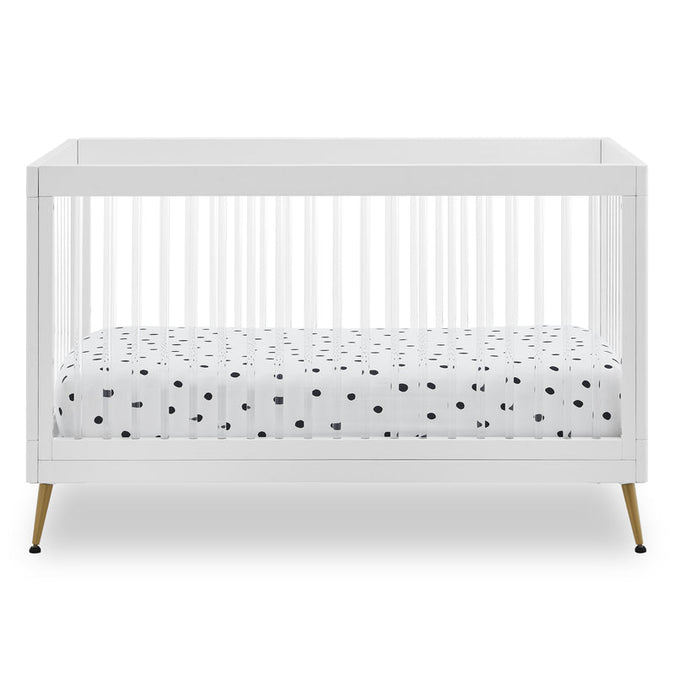 White crib with a polka dot mattress on a white background 26-Sloane 4-in-1 Acrylic Convertible Crib