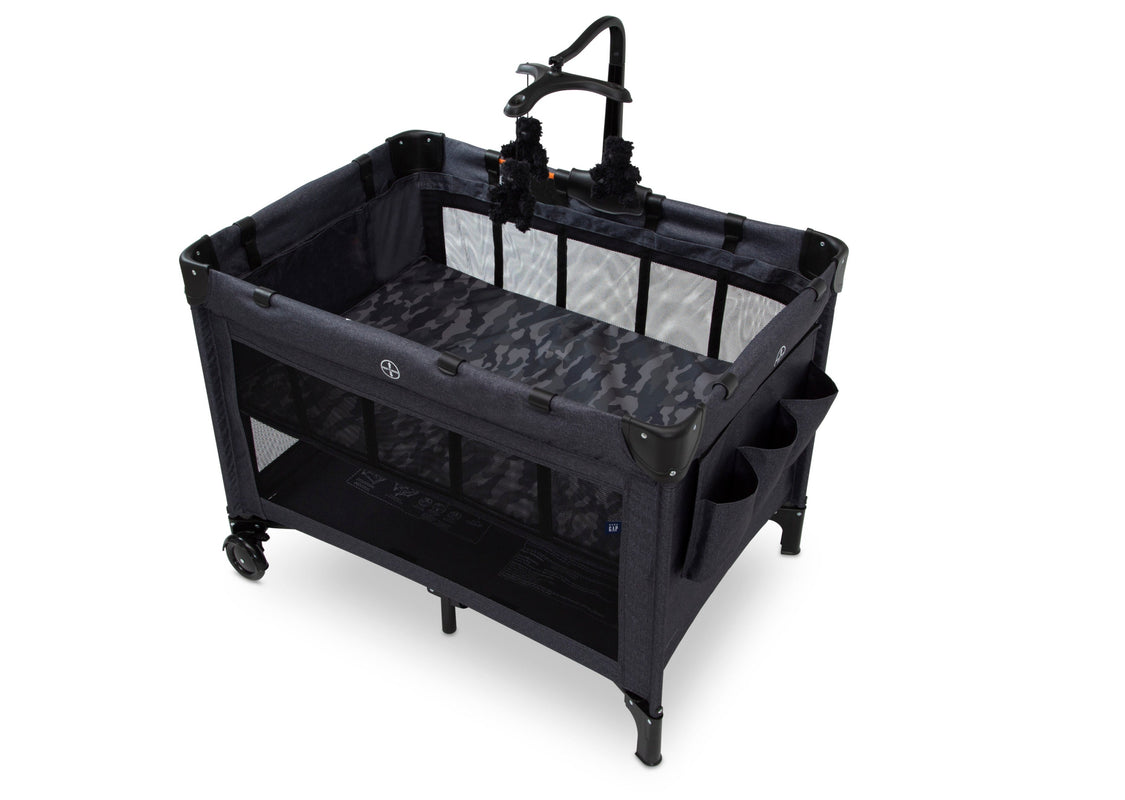 Black baby playpen with wheels on a white background