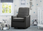 Gray armchair in a child's room with toys and a crib. 19-Kenwood Nursery Glider Swivel Rocker Chair