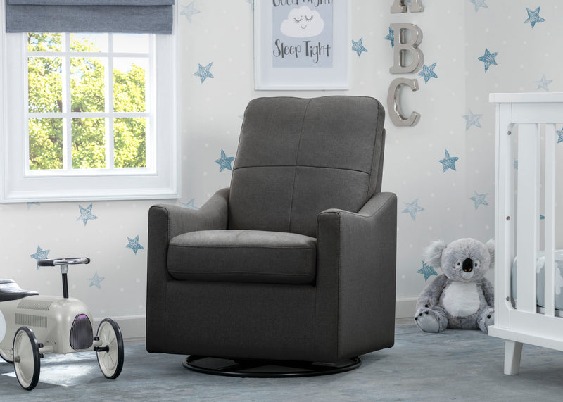 Gray armchair in a child's room with toys and a crib. 19-Kenwood Nursery Glider Swivel Rocker Chair