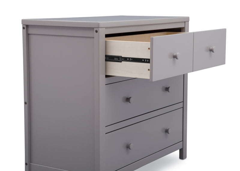 Gray dresser with open drawer on a white background 12-3 Drawer Dresser with Interlocking Drawers