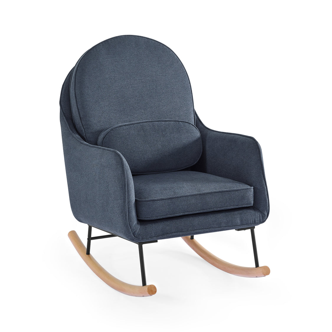 Blue rocking chair with wooden rocking base on a white background