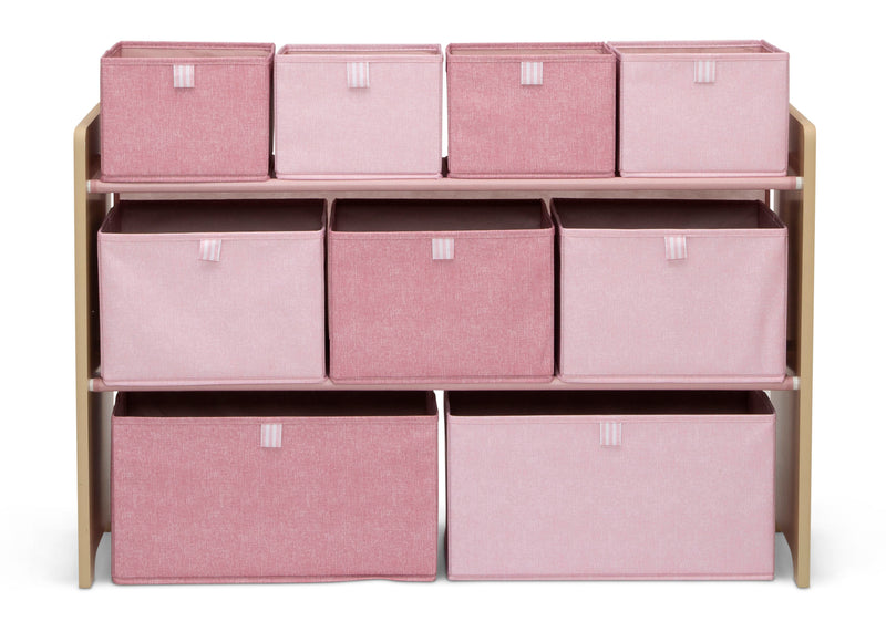 Storage unit with pink storage boxes on a white background