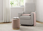 Gray recliner chair with a pink blanket in a room with white walls and a window. 19-Andie Nursery Glider Swivel Chair with LiveSmart Fabric