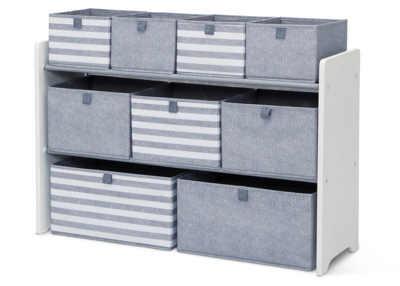 White storage unit with gray and white striped bins on a white background