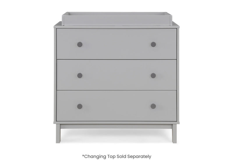 Gray dresser with three drawers on a white background