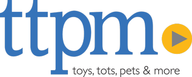 A blue 'ttpm' logo with a yellow play button icon and the text 'toys, tots, pets & more' on a white background.